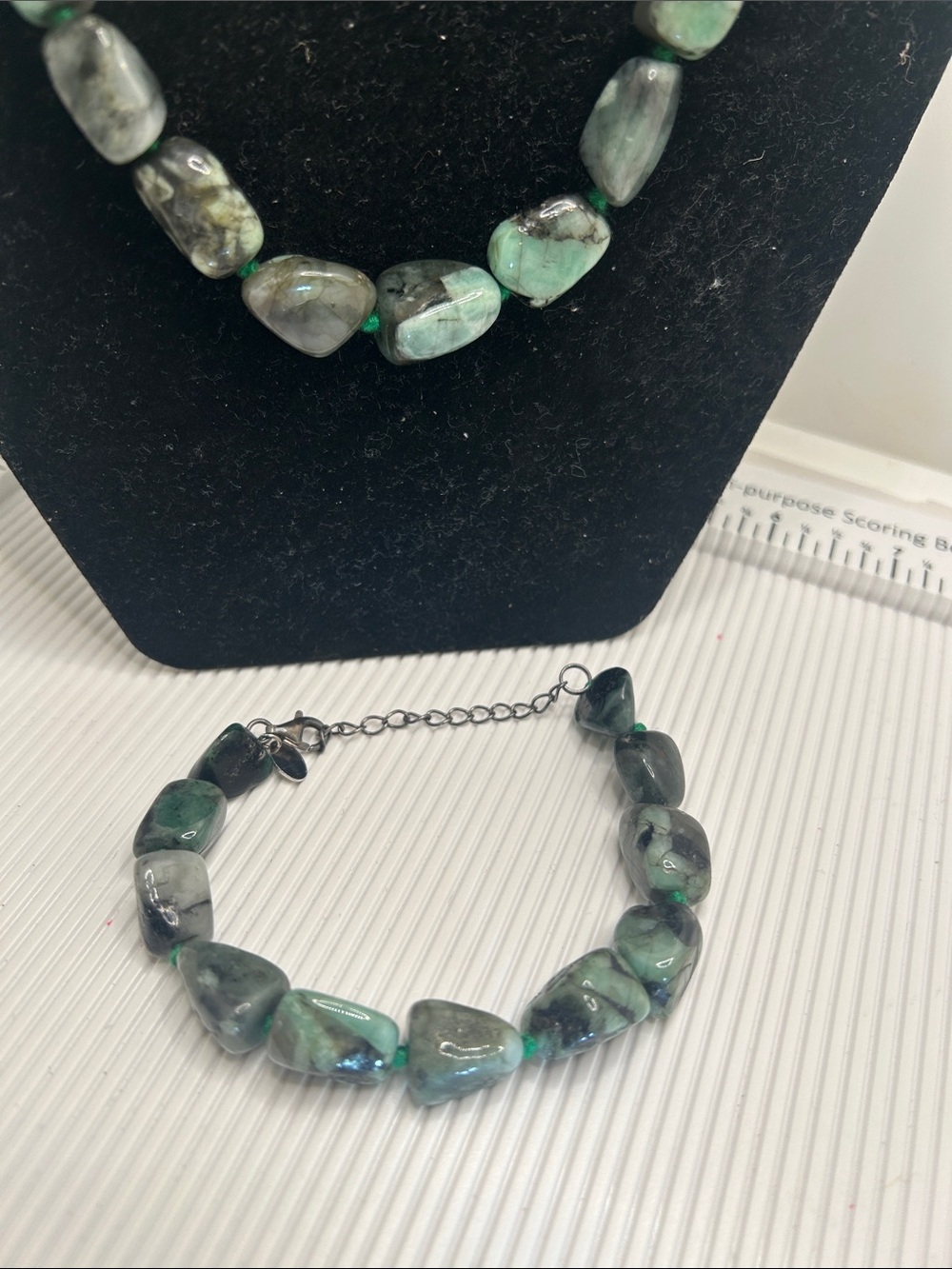 Stauer Natural Emerald Green Nugget Beaded Sterling Necklace - And Bracelet Lot